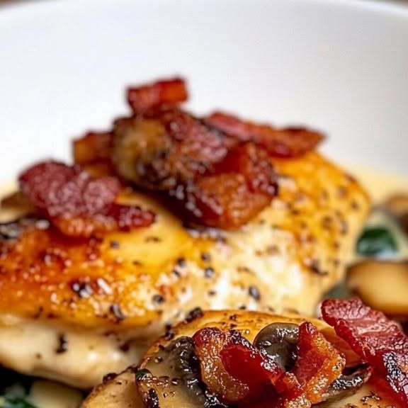 Spinazie-kip in romige champignon knoflooksaus